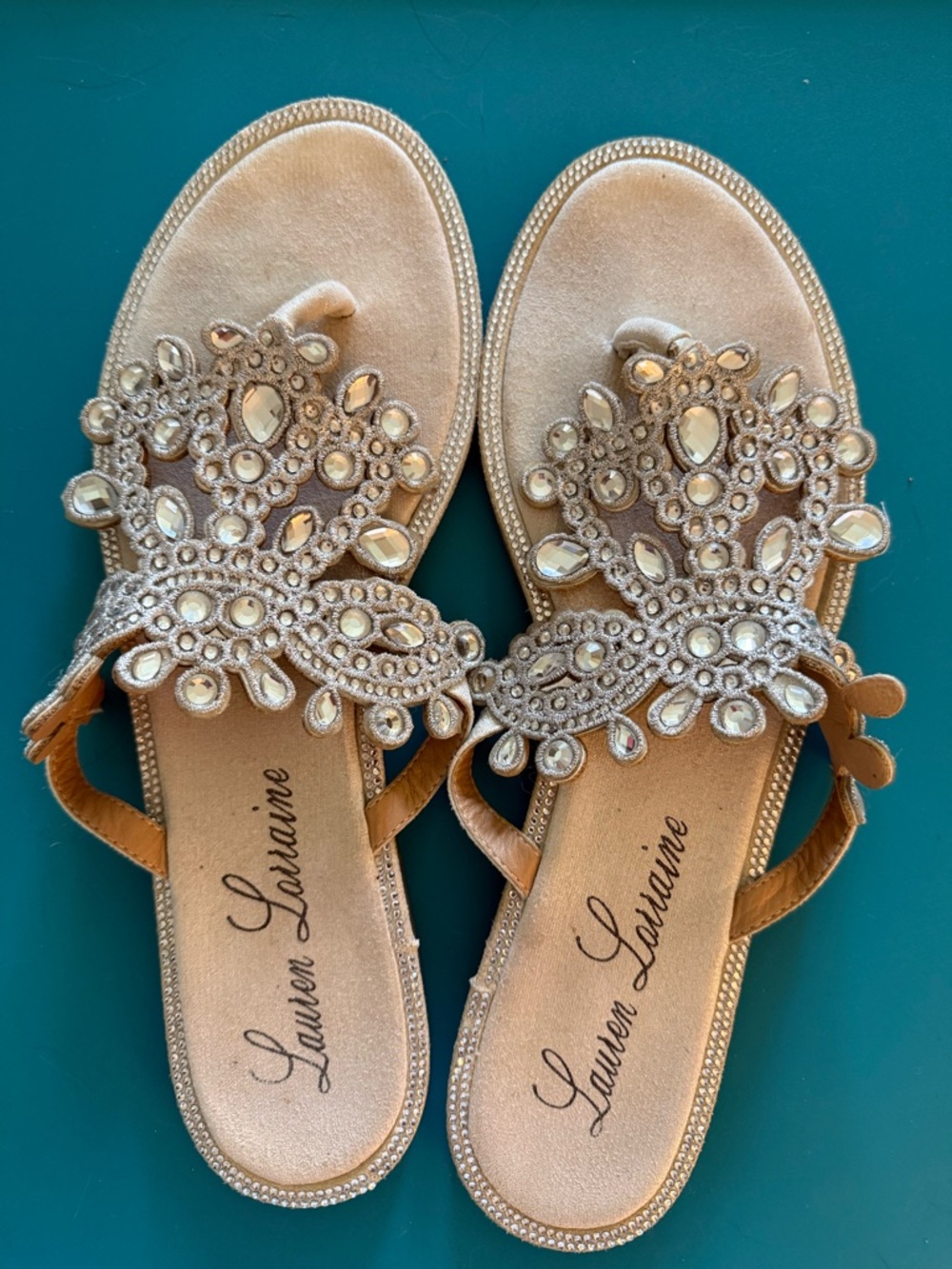 Lauren Lorraine Champagne Gold Jeweled Women's Sandals